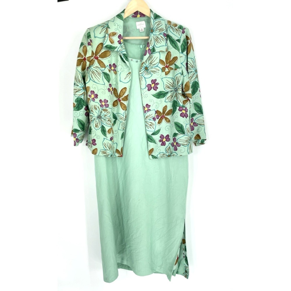Emma James Women Size 16 Linen Blend Beaded Neck Green Dress Floral Jacket Set